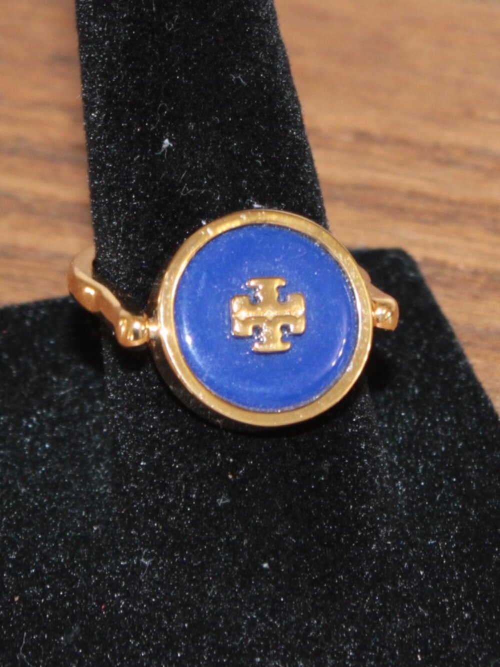 Tory Burch Reversible Blue Gold Logo Ring Size 6 NWT